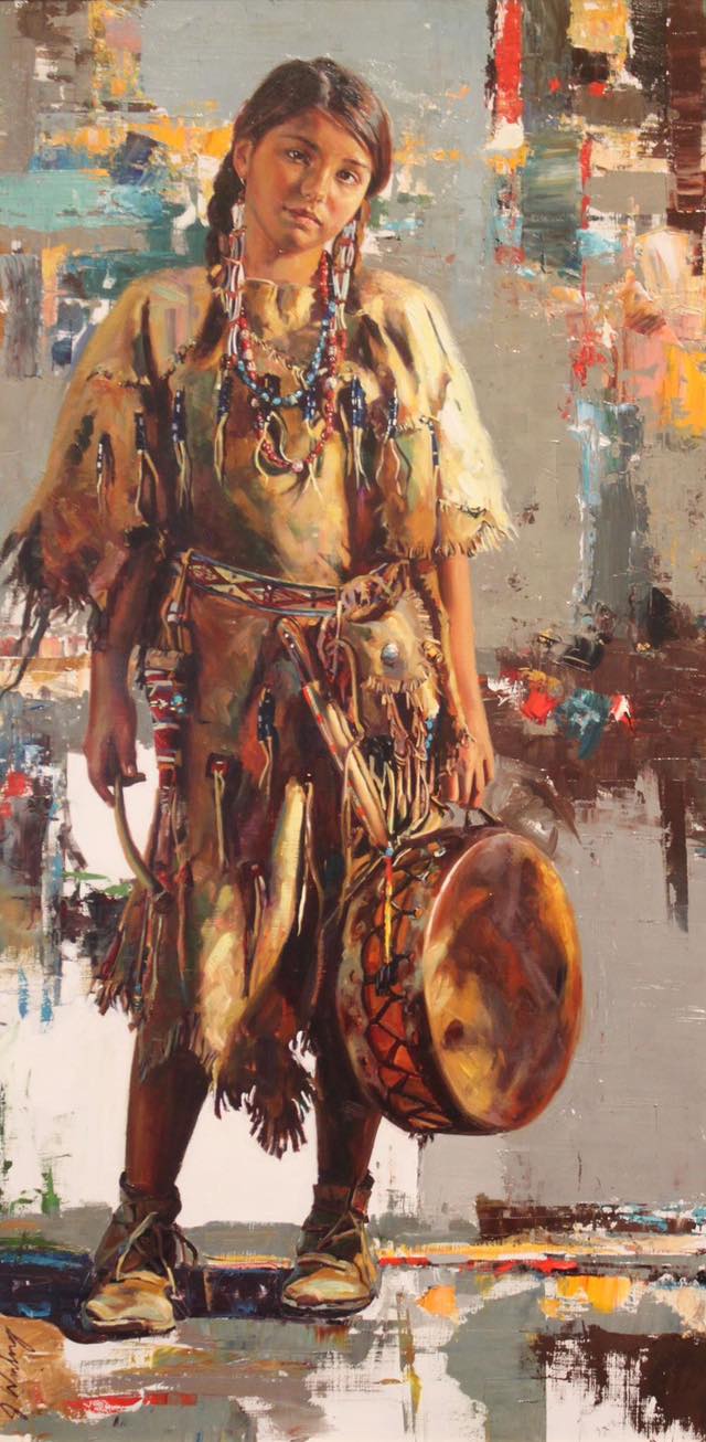 Native American girl resting drummer jeremy winborg oil painting